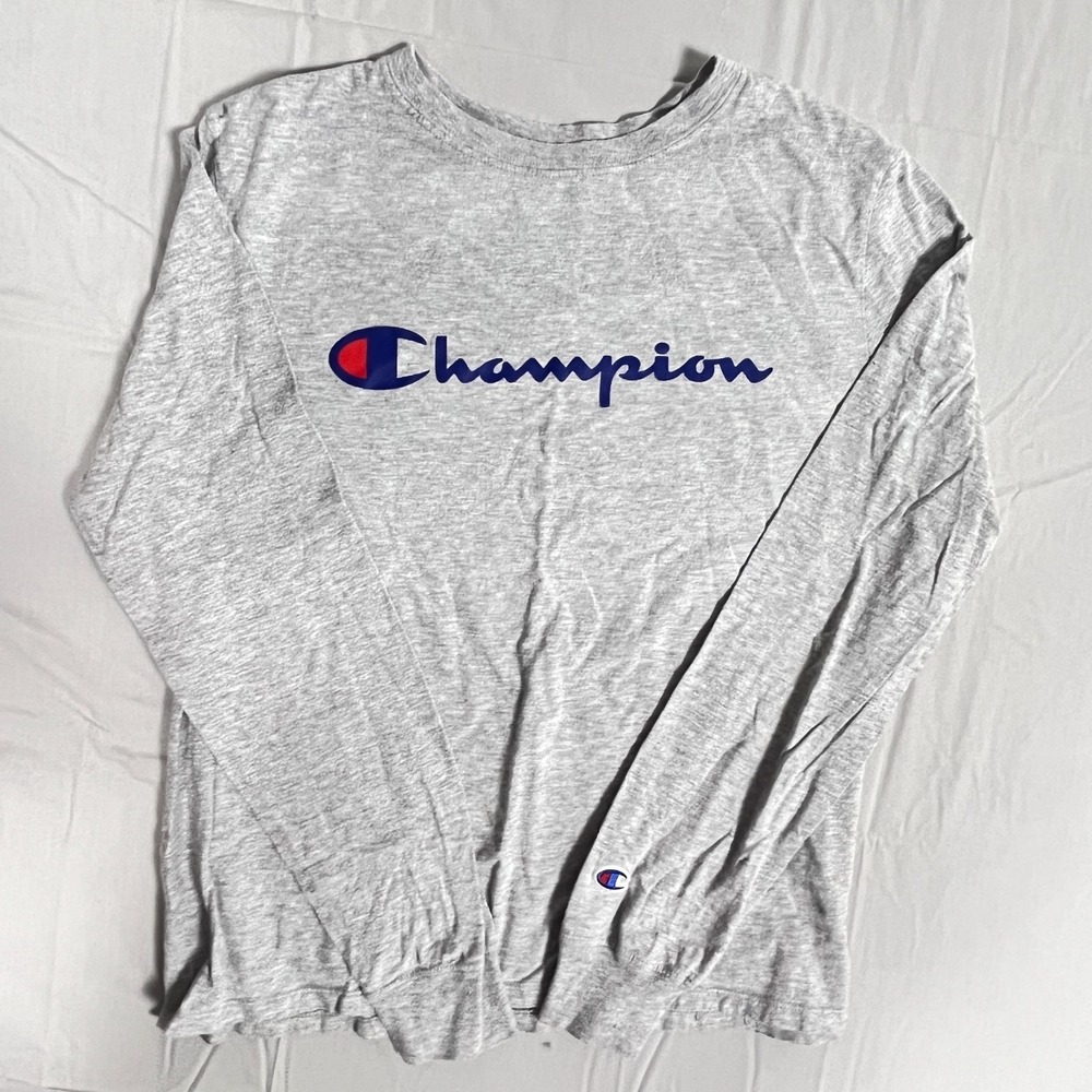 Champion Shirt Women Large Heather Gray Spellout Authentic Athleticwear Crewneck